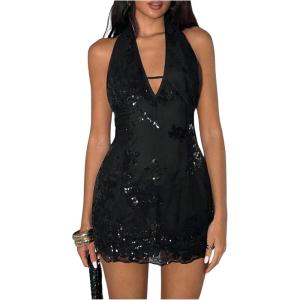 image:imageFloerns Womens Sparkly Sequin Halter Mini Dress Backless Glitter Party Night Out DressesBlack