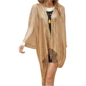 image:imageFloerns Womens Sparkly Swimsuit Beach Cover Up Fringe Trim Glitter Shawl and WrapsGold