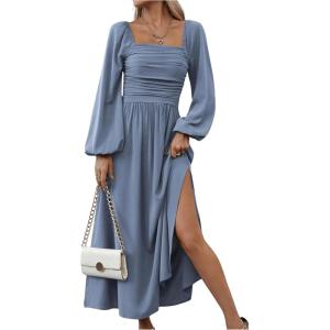 image:imageFloerns Womens Square Neck Lantern Long Sleeve Dress Split Ruched Party Midi DressesDusty Blue