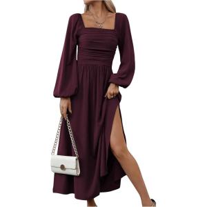 image:imageFloerns Womens Square Neck Lantern Long Sleeve Dress Split Ruched Party Midi DressesMaroon