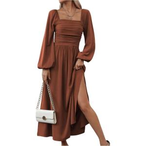 image:imageFloerns Womens Square Neck Lantern Long Sleeve Dress Split Ruched Party Midi DressesRust Brown