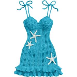 image:imageFloerns Womens Starfish Tie Shoulder Sweater Dress Layered Ruffle Beach Mini DressesBlue