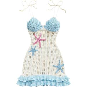image:imageFloerns Womens Starfish Tie Shoulder Sweater Dress Layered Ruffle Beach Mini DressesLight Blue
