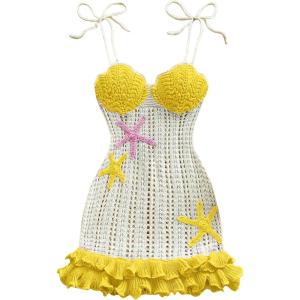 image:imageFloerns Womens Starfish Tie Shoulder Sweater Dress Layered Ruffle Beach Mini DressesPale Yellow