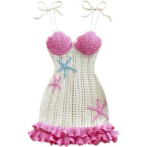 image:imageFloerns Womens Starfish Tie Shoulder Sweater Dress Layered Ruffle Beach Mini DressesPink