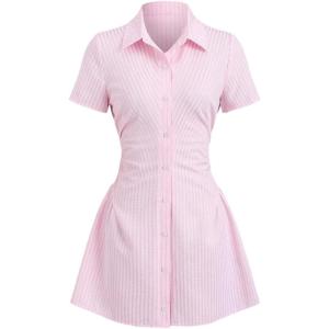 image:imageFloerns Womens Striped Button Down Shirt Dress Short Sleeve Ruched Going Out Mini DressesPink
