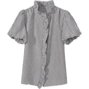 image:imageFloerns Womens Striped Collared Ruffle Blouse Elegant Short Sleeve Business Casual ShirtsBlack