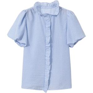 image:imageFloerns Womens Striped Collared Ruffle Blouse Elegant Short Sleeve Business Casual ShirtsBlue