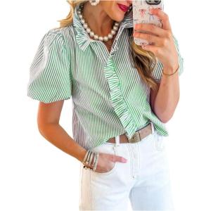 image:imageFloerns Womens Striped Collared Ruffle Blouse Elegant Short Sleeve Business Casual ShirtsGreen