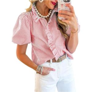 image:imageFloerns Womens Striped Collared Ruffle Blouse Elegant Short Sleeve Business Casual ShirtsRed