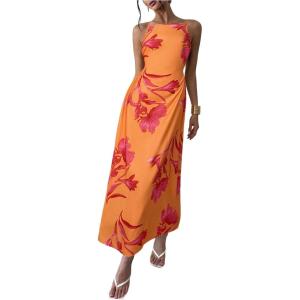 image:imageFloerns Womens Summer Boho Floral Backless Cami Dress Spaghetti Strap Beach Vacation Long SundressOrange