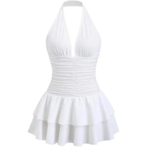 image:imageFloerns Womens Summer Halter Dress Ruched Layered Ruffle Going Out A Line DressesWhite