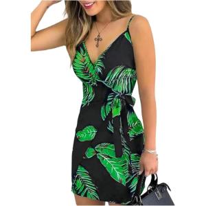 image:imageFloerns Womens Summer Hawaiian Short Dress Sleeveless Wrap V Neck Tie Side Boho Vacation DressesGreen