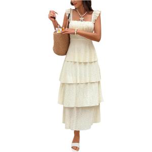 image:imageFloerns Womens Summer Long Dress Square Neck Tiered Layered Beach Vacation Italian DressesApricot