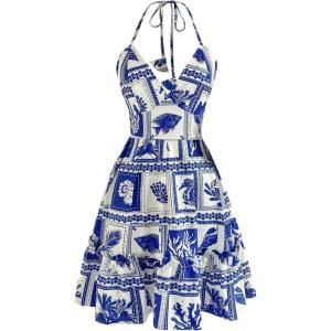 image:imageFloerns Womens Summer Ocean Animal Halter Mini Dress Tie Backless Beach Vacation DressesBlue and White