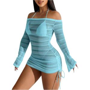 image:imageFloerns Womens Summer Swimsuit Cover Up Long Sleeve Swim Dress Bathing Suit Beach Vacation OutfitsBlue