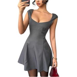 image:imageFloerns Womens Sweetheart Neck A Line Mini Dress Cap Sleeve Party Going Out DressesGrey