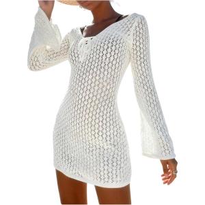 image:imageFloerns Womens Swimsuit Cover Up Long Sleeve Lace Up Crochet Bathing Suit Beach Vacation ClothesWhite