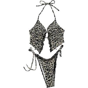 image:imageFloerns Womens Tankini Swimsuits Cheetah Lace Trim Halter Tie Side 2 Piece Bathing SuitKhaki Multi