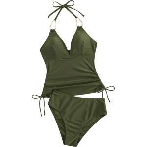 image:imageFloerns Womens Tankini Swimsuits Drawstring Side Halter High Waisted Bathing SuitArmy Green