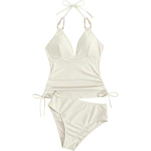 image:imageFloerns Womens Tankini Swimsuits Drawstring Side Halter High Waisted Bathing SuitBeige