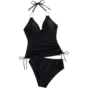 image:imageFloerns Womens Tankini Swimsuits Drawstring Side Halter High Waisted Bathing SuitBlack
