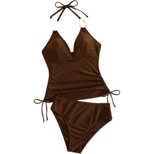 image:imageFloerns Womens Tankini Swimsuits Drawstring Side Halter High Waisted Bathing SuitCoffee Brown