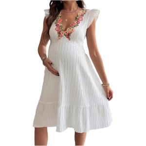 image:imageFloerns Womens Textured Maternity Dress Floral Embroidery V Neck Ruffle Sleeve Pregnancy DressesWhite