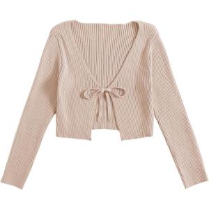 image:imageFloerns Womens Tie Front Long Sleeve Rib Knit Shrug Sweaters Cardigan Crop TopA Khaki