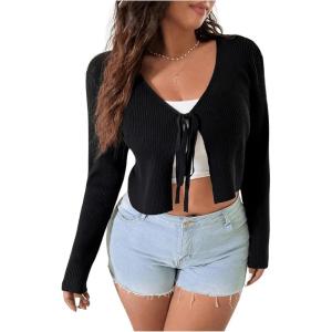 image:imageFloerns Womens Tie Front Long Sleeve Rib Knit Shrug Sweaters Cardigan Crop TopBlack