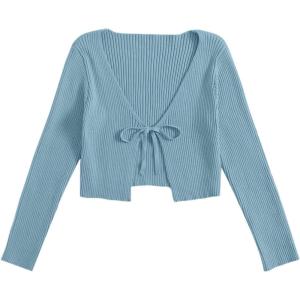 image:imageFloerns Womens Tie Front Long Sleeve Rib Knit Shrug Sweaters Cardigan Crop TopBlue