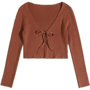 image:imageFloerns Womens Tie Front Long Sleeve Rib Knit Shrug Sweaters Cardigan Crop TopCoffee Brown