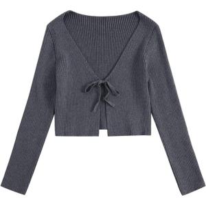 image:imageFloerns Womens Tie Front Long Sleeve Rib Knit Shrug Sweaters Cardigan Crop TopDark Grey