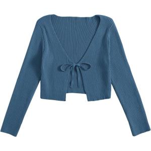 image:imageFloerns Womens Tie Front Long Sleeve Rib Knit Shrug Sweaters Cardigan Crop TopDusty Blue