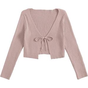 image:imageFloerns Womens Tie Front Long Sleeve Rib Knit Shrug Sweaters Cardigan Crop TopDusty Pink