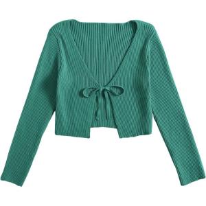 image:imageFloerns Womens Tie Front Long Sleeve Rib Knit Shrug Sweaters Cardigan Crop TopGreen Solid