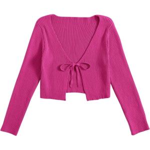 image:imageFloerns Womens Tie Front Long Sleeve Rib Knit Shrug Sweaters Cardigan Crop TopHot Pink