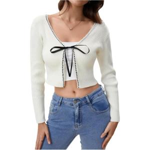 image:imageFloerns Womens Tie Front Long Sleeve Rib Knit Shrug Sweaters Cardigan Crop TopLace White