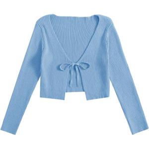 image:imageFloerns Womens Tie Front Long Sleeve Rib Knit Shrug Sweaters Cardigan Crop TopLight Blue