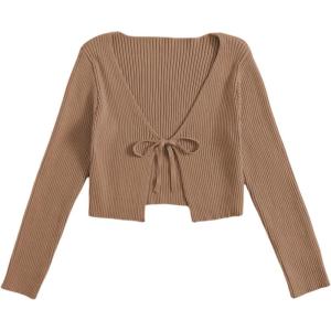 image:imageFloerns Womens Tie Front Long Sleeve Rib Knit Shrug Sweaters Cardigan Crop TopLight Brown