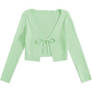 image:imageFloerns Womens Tie Front Long Sleeve Rib Knit Shrug Sweaters Cardigan Crop TopLight Green