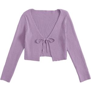 image:imageFloerns Womens Tie Front Long Sleeve Rib Knit Shrug Sweaters Cardigan Crop TopLilac Purple