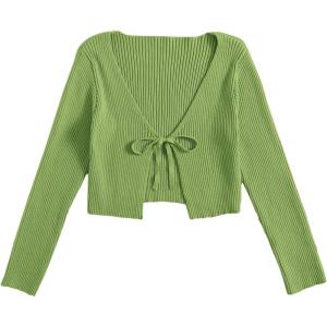 image:imageFloerns Womens Tie Front Long Sleeve Rib Knit Shrug Sweaters Cardigan Crop TopLime Green