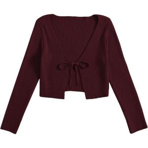 image:imageFloerns Womens Tie Front Long Sleeve Rib Knit Shrug Sweaters Cardigan Crop TopMaroon