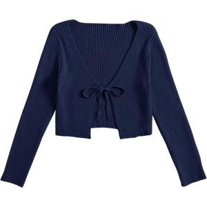 image:imageFloerns Womens Tie Front Long Sleeve Rib Knit Shrug Sweaters Cardigan Crop TopNavy Blue