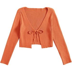 image:imageFloerns Womens Tie Front Long Sleeve Rib Knit Shrug Sweaters Cardigan Crop TopOrange
