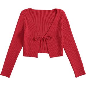 image:imageFloerns Womens Tie Front Long Sleeve Rib Knit Shrug Sweaters Cardigan Crop TopRed