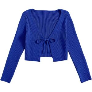 image:imageFloerns Womens Tie Front Long Sleeve Rib Knit Shrug Sweaters Cardigan Crop TopRoyal Blue
