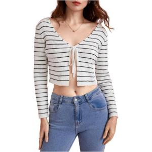 image:imageFloerns Womens Tie Front Long Sleeve Rib Knit Shrug Sweaters Cardigan Crop TopStriped White