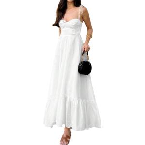 image:imageFloerns Womens Tie Shoulder Smocked Long Dress Ruffle Tiered Flowy Wedding Guest DressesWhite